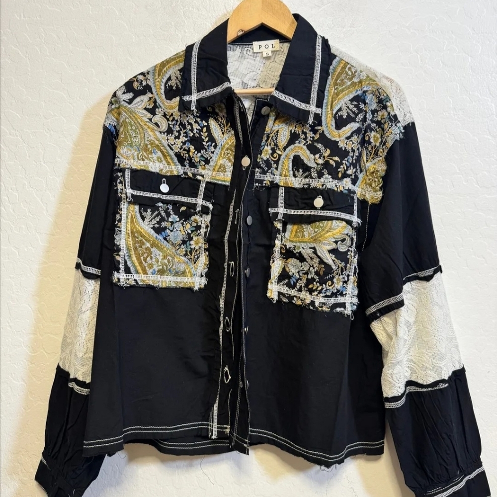 POL Women's Black and Gold Paisley Utility Jacket Will Fit Med